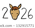 A cute hand-drawn illustration of the year 2026 and a horse's face (variation 2) 132915771