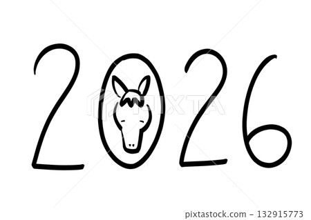 A cute hand-drawn illustration of the year 2026 and a horse's face (Variation 4) 132915773
