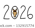 A cute hand-drawn illustration of the year 2026 and a horse's face (Variation 5) 132915774