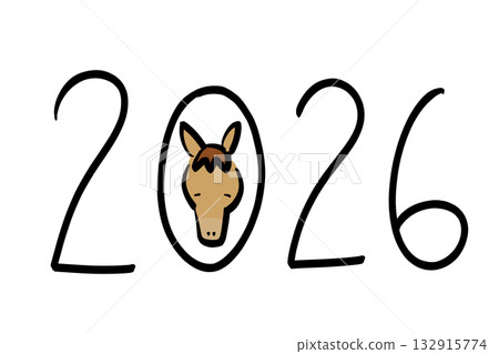 A cute hand-drawn illustration of the year 2026 and a horse's face (Variation 5) 132915774