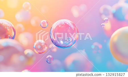 Glossy liquid bubbles floating in colorful abstract space. 132915827