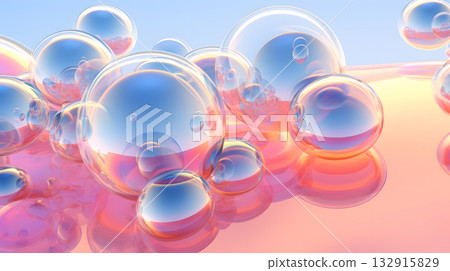 Glossy liquid bubbles floating in colorful abstract space. 132915829
