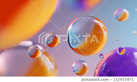 Glossy liquid bubbles floating in colorful abstract space. 132915971