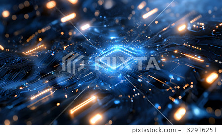 High-tech circuit board pattern with glowing lines. 132916251