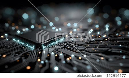 High-tech circuit board pattern with glowing lines. 132916377