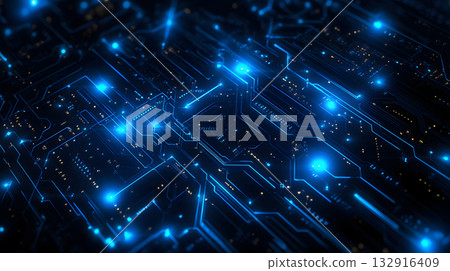 High-tech circuit board pattern with glowing lines. 132916409