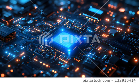 High-tech circuit board pattern with glowing lines. 132916414