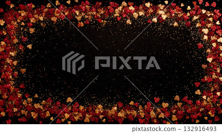 Glamorous frame scattered with red and gold heart-shaped confetti on a black background Glamorous frame scattered with red and gold heart-shaped confetti on a black background 132916493