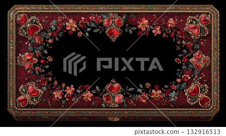 黑色背景上的奢華復古相框，飾以紅色心形寶石和美麗的花朵。 132916513