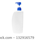 A white shampoo bottle with a blue dispenser. Personal hygiene product 132916579