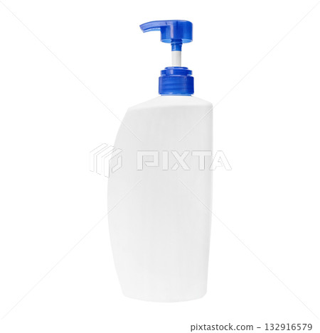 A white shampoo bottle with a blue dispenser. Personal hygiene product 132916579