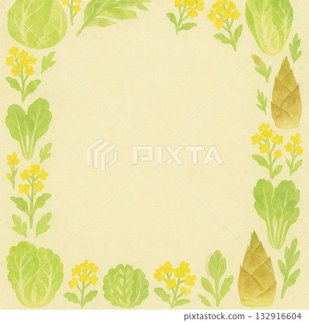春季蔬菜系列：日式邊框背景，飾以春季蔬菜圖案 132916604