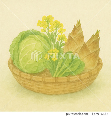 春季蔬菜系列：籃子裡一堆春季蔬菜的插圖。 132916615