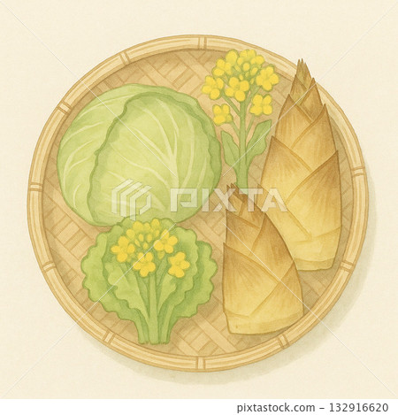 春季蔬菜系列：從空中俯瞰擺放在竹籃中的春季蔬菜。 132916620