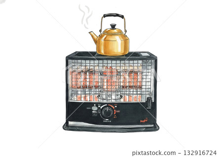 Watercolor illustration of a kerosene stove with a kettle on it 132916724