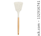 Minimalist kitchen spatula with white silicone head and wooden handle, isolated on white background. Ideal for modern cooking, food prep, and lifestyle visuals. 132916741