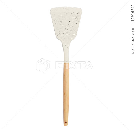 Minimalist kitchen spatula with white silicone head and wooden handle, isolated on white background. Ideal for modern cooking, food prep, and lifestyle visuals. Minimalist kitchen spatula with white silicone head and wooden handle, isolated on white background. Ideal for modern cooking, food prep, and lifestyle visuals. 132916741