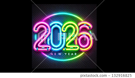 一個簡單的霓虹燈“2026”標誌 132916825