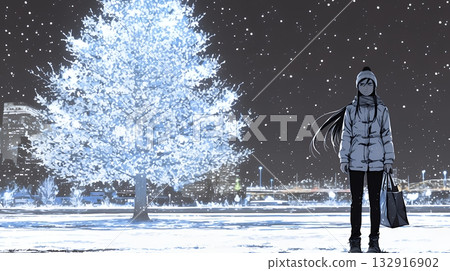 公園裡的樹木都被雪覆蓋著，看起來像聖誕樹。 132916902