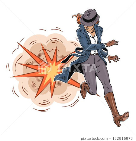 Female detective running with explosion pop art vector illustration Female detective running with explosion pop art vector illustration 132916973
