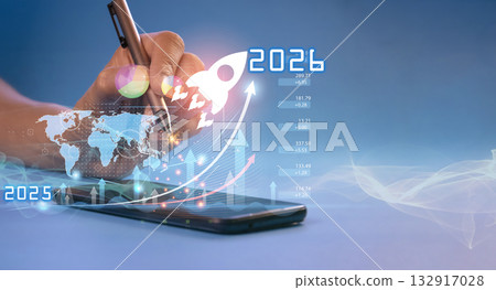 Businessman presenting 2026 digital goals, rocket launch and arrow pointing up, futuristic concept of business growth, digital strategy and vision planning. Businessman presenting 2026 digital goals, rocket launch and arrow pointing up, futuristic concept of business growth, digital strategy and vision planning. 132917028