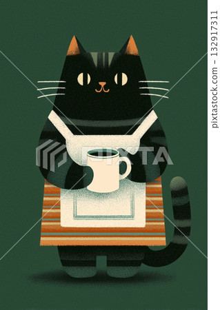 Whimsical Black Cat Holding a Steaming Mug in a Cozy Kitchen Setting 132917311