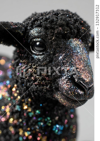 Shiny Black Sheep Covered in Colorful Glitter Sparkles in a Bright Setting 132917312