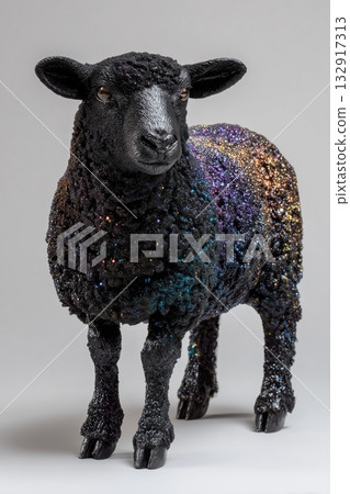 Shiny Black Sheep Covered in Colorful Glitter Sparkles in a Bright Setting 132917313