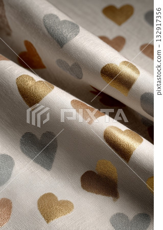 Soft Fabric With Golden Heart Patterns on Light Background Soft Fabric With Golden Heart Patterns on Light Background 132917356