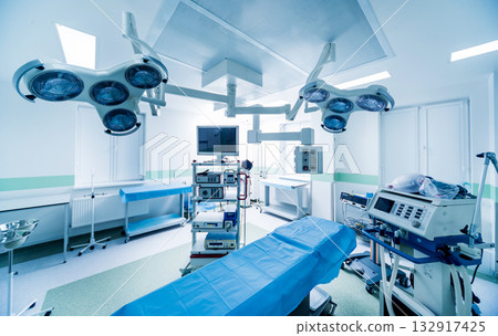 Modern equipment in operating room. Medical devices for neurosurgery. Modern equipment in operating room. Medical devices for neurosurgery. 132917425