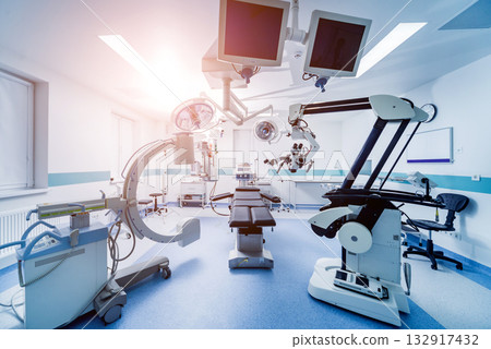 Modern equipment in operating room. Medical devices for neurosurgery. Modern equipment in operating room. Medical devices for neurosurgery. 132917432