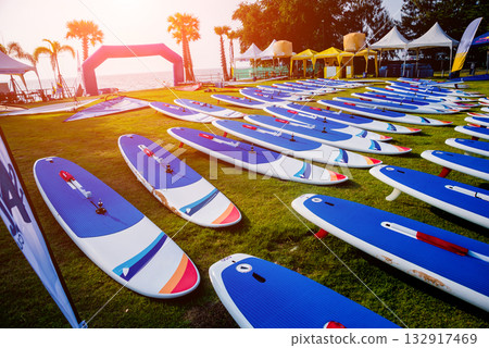 A lot of surfboards on the beach. Summer background 132917469
