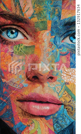 Woman With Vibrant Face Paint Showcasing Art and Color Expression During an Outdoor Festival 132917634