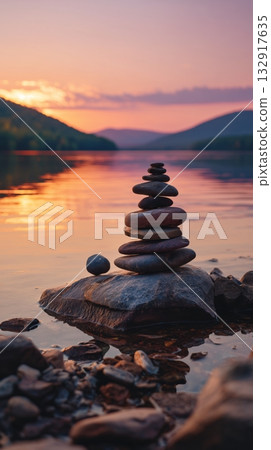 Rock Stack at Sunset by the Calm Lake Reflecting Mountains and Colorful Sky Rock Stack at Sunset by the Calm Lake Reflecting Mountains and Colorful Sky 132917635