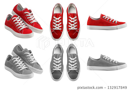 2 Set of plain red grey grey sneaker lace up sport-shoe sports shoe front, top side view on transparent background cutout, PNG file. Different angle Mockup template 132917849