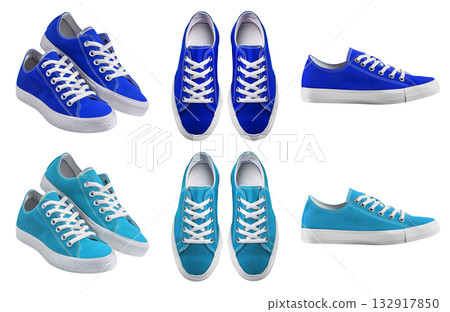 2 Set of plain dark light blue sneaker lace up sport-shoe sports shoe front, top side view on transparent background cutout, PNG file. Different angle Mockup template 132917850