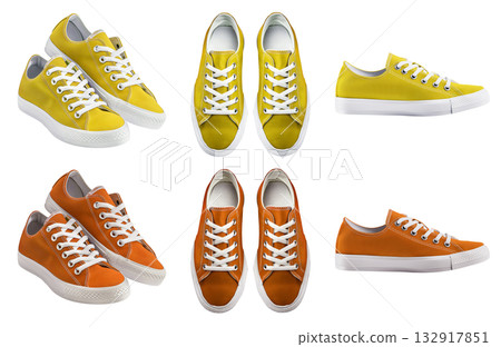 2 Set of plain orange yellow sneaker lace up sport-shoe sports shoe front, top side view on transparent background cutout, PNG file. Different angle Mockup template 132917851