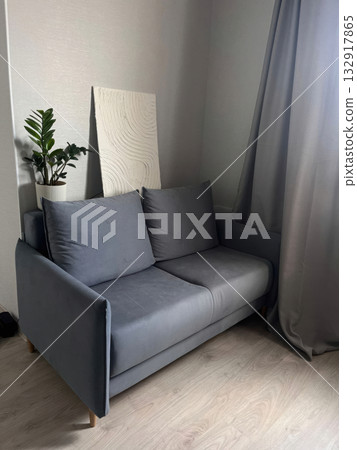 Cozy Gray Sofa in a Minimalist Room Cozy Gray Sofa in a Minimalist Room 132917865