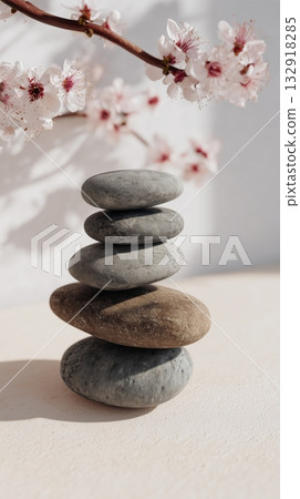 Smooth Stones Stacked Carefully With Cherry Blossoms in the Background on a Sunny Day 132918285