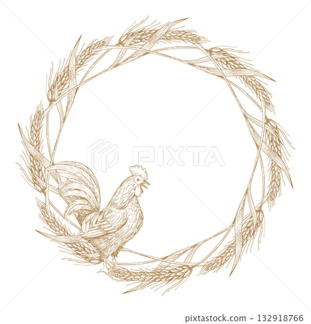 Wreath of weats and rooster. Vector ink styled handmade illustration. For packaging design, cards, cover, prints, product labels and fabric. 132918766