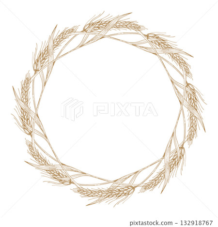 Wreath of weats. Vector ink styled handmade illustration. For packaging design, cards, cover, prints, product labels and fabric. 132918767