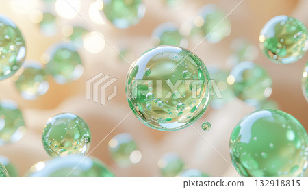 Transparent light green beauty ingredient bubbles. 3D background material inspired by natural moisturizing and CICA ingredients. 132918815
