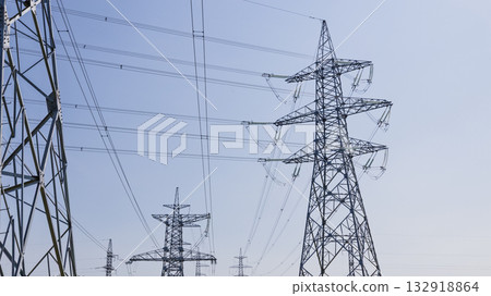 High Voltage Power Lines and Steel Transmission Towers 132918864