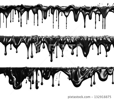 Set of long Wave black liquid paint splash melting dripping on transparent background cutout PNG file. Many assorted different design. Mockup template for artwork graphic design 132918875