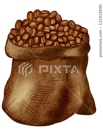 Watercolor illustration of a jute bag containing roasted coffee beans. Illustrations for coffee shops, cafes, packaging, menus, and product design. Watercolor illustration of a jute bag containing roasted coffee beans. Illustrations for coffee shops, cafes, packaging, menus, and product design. 132918890