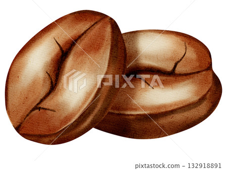 Watercolor illustration of coffee beans. Coffee bean set. A set of watercolor illustrations for coffee shops, cafes, packaging, menus, and product design. Watercolor illustration of coffee beans. Coffee bean set. A set of watercolor illustrations for coffee shops, cafes, packaging, menus, and product design. 132918891