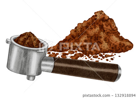 Watercolor filter with ground coffee and coffee beans. A set of watercolor illustrations for coffee shops, cafes, packaging, menus, and product design. Watercolor filter with ground coffee and coffee beans. A set of watercolor illustrations for coffee shops, cafes, packaging, menus, and product design. 132918894