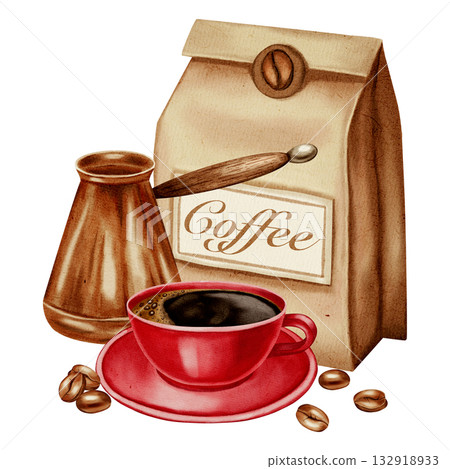 A hand-drawn watercolor illustration of a coffee set with a cezve, cup, and coffee beans, and artisan coffee packaging. Illustrations for coffee shops, cafes, packaging, menus, and product design A hand-drawn watercolor illustration of a coffee set with a cezve, cup, and coffee beans, and artisan coffee packaging. Illustrations for coffee shops, cafes, packaging, menus, and product design 132918933
