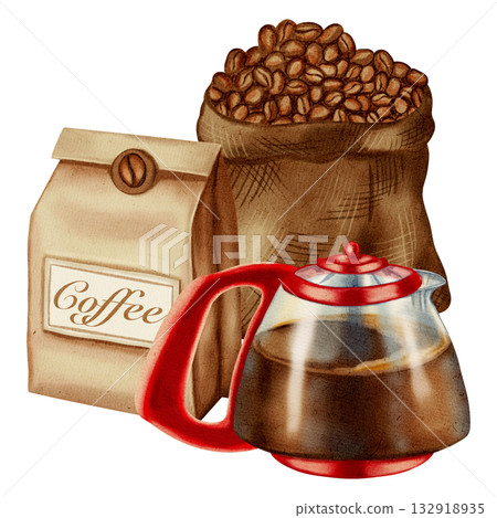 Watercolor illustration of a jute bag with roasted coffee beans and a kraft bag containing coffee and a coffee pot. Illustrations for coffee shops, cafes, packaging, menus, and product design. Watercolor illustration of a jute bag with roasted coffee beans and a kraft bag containing coffee and a coffee pot. Illustrations for coffee shops, cafes, packaging, menus, and product design. 132918935