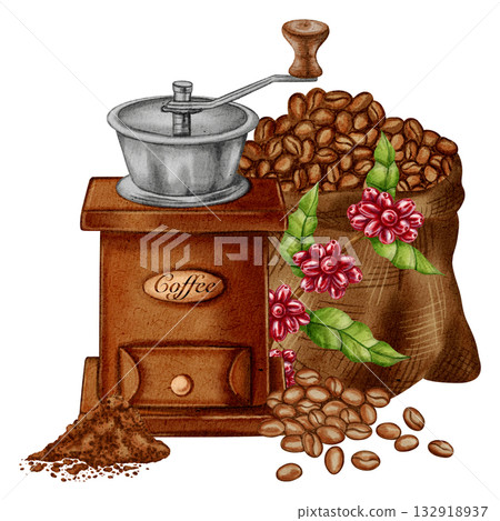 Watercolor illustration of a vintage manual coffee grinder. Craft coffee bag and jute bag with coffee beans. Illustrations for coffee shops, cafes, packaging, menus, and product design. Watercolor illustration of a vintage manual coffee grinder. Craft coffee bag and jute bag with coffee beans. Illustrations for coffee shops, cafes, packaging, menus, and product design. 132918937